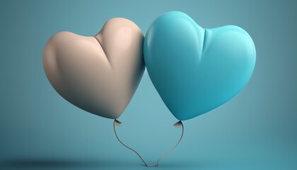 Fototapeta na wymiar Two beautiful balloons merge into a heart shape on a light blue background