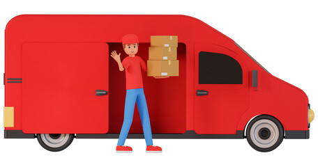 3d illustration of courier walking near cargo van hold box and waving hi with other hand. Logistics concept with cargo van and courier in cap hold parcel and wave with other hand 3d illustration 