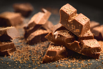 Dark chocolate stack and powder close-up with copy space