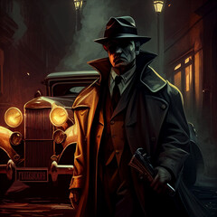 A man in a fedora and coat stands in front of an old vintage car in the middle of a dark street