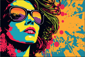 Beautiful woman wearing glasses. Pop art of retro comic girl. Vector art drawing of young pretty happy people. Red lips. Wallpaper of young female. Colorful splashes of paint. Vintage fashion art.