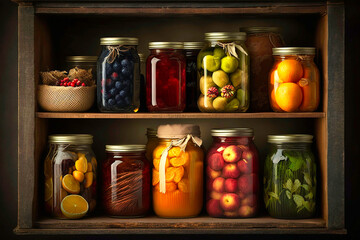 Preserves for winter standing on shelves. AI generativ