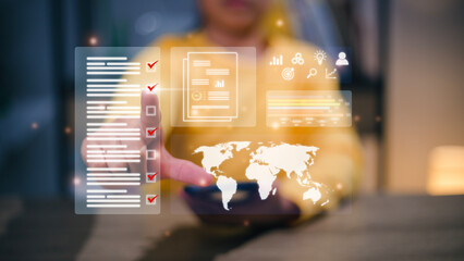 Checklist concept, Women check marks on the check boxes with marker red on the futuristic virtual interface screen.