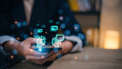 Chatbot Chat with AI, Artificial Intelligence. man using technology smart robot AI, artificial intelligence by enter command prompt for generates something, Futuristic technology transformation.