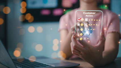 Women give ratings to service experience online applications, Customer review satisfaction feedback survey concept on the futuristic virtual interface screen.