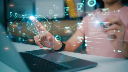 Hand touching brain of AI, Symbolic, Machine learning, artificial intelligence of futuristic technology. AI network of brain on business analysis,