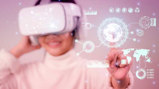 Metaverse digital cyber world technology, Woman with virtual reality VR goggle playing AR augmented reality game entertainment and business meeting conference, futuristic lifestyle