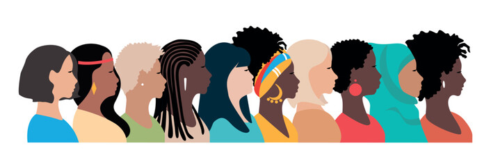 Profiles of beautiful women of different nationalities and cultures stand together. Feminism, women's friendship, equality, women's day, fight for women's rights. European, African American, Asian, Mu