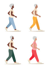 Active elderly men and women jogging. Healthy and active lifestyle in elderly people. Set of flat vector illustration isolated on white background.