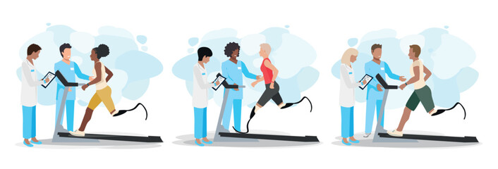 Men and women with a prosthetic leg undergoing rehabilitation in a medical center. People after amputation, together with the doctor, learn to run on a prosthetic leg. Set of vector illustration.