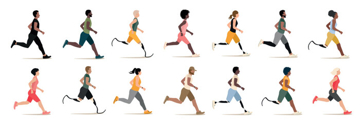 Fototapeta na wymiar Different people run together. Big set of sports people. Active lifestyle. Vector illustration in flat style isolated on white background.