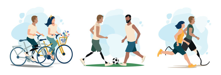 Set of vector illustration of a happy disabled man leads an active lifestyle and goes in for sports together with friends. Together they play football, ride a bike and run.