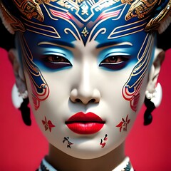 Portrait style, symmetrical face front view. Beautiful futuristic geisha portrait Inlaid with japanese tattoos, octane render. Created with generative Ai technology.