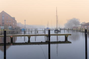 The marina and sailboat harbor of the village Orth on the island of Fehmarn in north of Germany in the Baltic Sea.