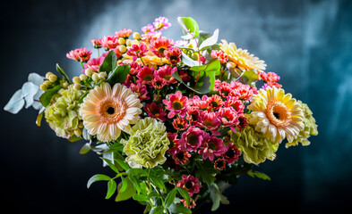 Composition with a bouquet of freshly cut flowers