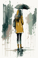 Sad woman with an umbrella walking under the rain. Vector art of cartoon poster. Watercolor painting of depressed woman. Hand drawn young lady heartbroken. Illustration of depression. Moody colors. - obrazy, fototapety, plakaty