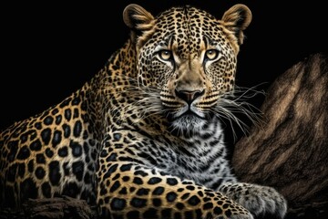 Isolated on black, a close up of a magnificent, ferociously large leopard. Generative AI