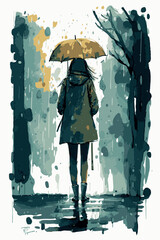 Sad woman with an umbrella walking under the rain. Vector art of cartoon poster. Watercolor painting of depressed woman. Hand drawn young lady heartbroken. Illustration of depression. Moody colors. - obrazy, fototapety, plakaty
