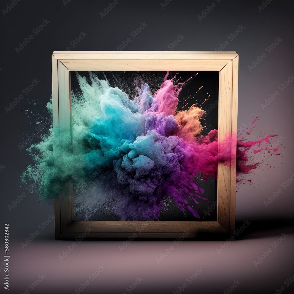 Poster product display frame with colorful powder paint explosion. generative ai