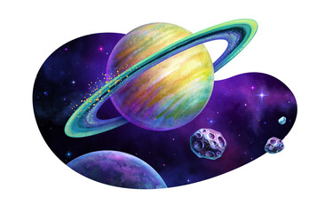 watercolor illustration. Curvy shape cosmic sticker with stars, saturn planet with rings, asteroids. Space clip art isolated on white background © wacomka