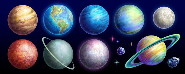watercolor illustration, space clip art. Collection of colorful solar system planets asteroids and stars isolated on black background © wacomka