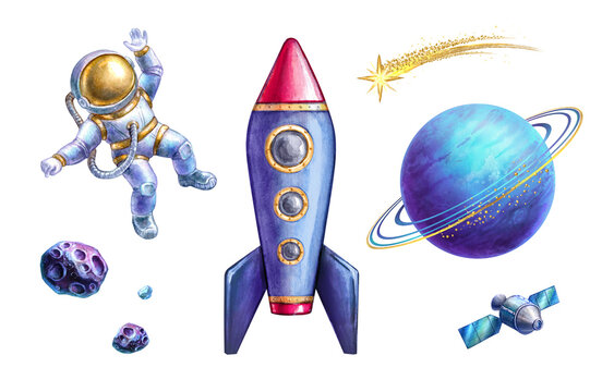 watercolor illustration. Astronaut spaceman rocket planet comet satellite. Set of space elements clip art isolated on white background