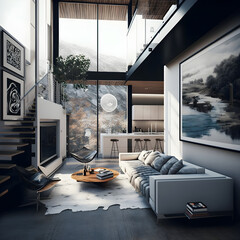 Modern interior design calm forest and seaside AI generated