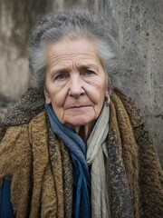 A dirty homeless elderly woman in torn clothes. Generative AI