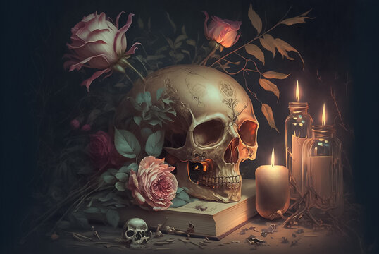 A spooky Halloween book of death and mystery with a candle on dark background