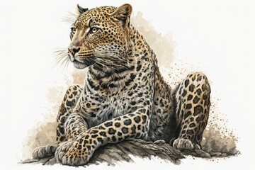 Fototapeta premium Illustration of a seated leopard on a white backdrop. Generative AI