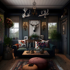 Modern interior design calm forest and seaside AI generated