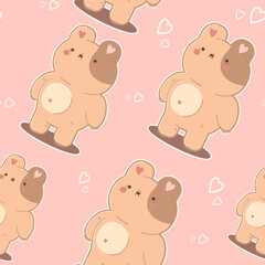 14 February sweet seamless pattern.Cute teddy bear print package and pink hearts. Kawaii background.Vector illustration