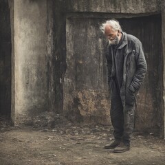Homeless elderly man in dirty clothes. Generative AI