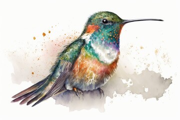 Aquarell painting of a hummingbird. Drawing by itself, on a white background. Generative AI