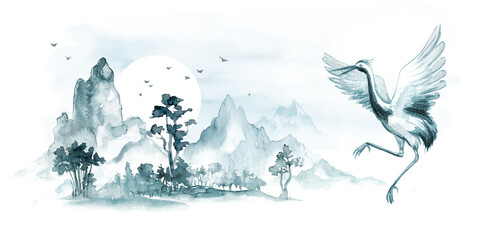 watercolor landscape with foggy mountains, pine trees and flying crane bird. Traditional chinese nature background