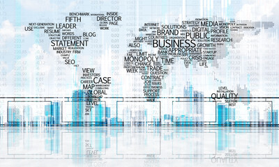 Concept of global communication and networking with world map over cityscape