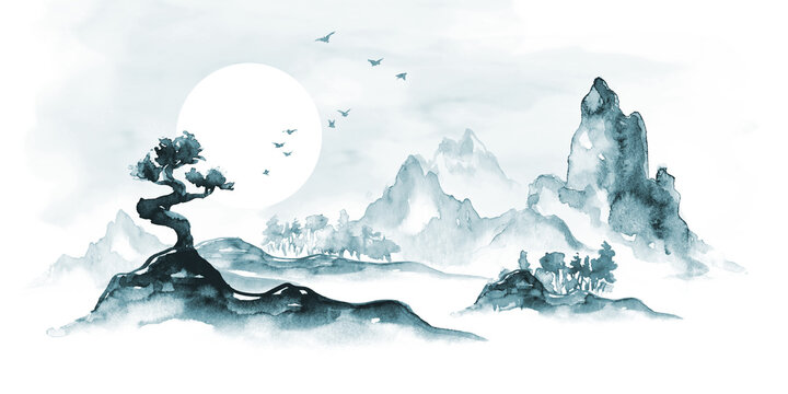 watercolor illustration, misty landscape with rocks fog and pine trees. Traditional oriental nature background © wacomka