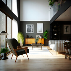 Modern interior design calm forest and seaside AI generated