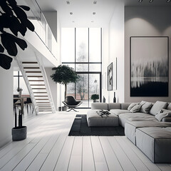 Modern interior design calm forest and seaside AI generated