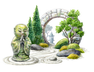 Obraz premium watercolor illustration of zen garden with buddha statue, green trees and round stone gate arch. Spiritual nature landscape, isolated on white background