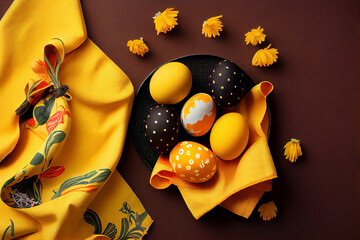 Top down view of Easter  robin's eggs, yellow eggs and black eggs with flowers. Generative AI