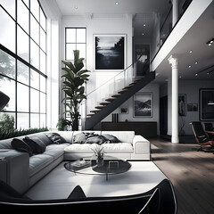 Modern interior design calm forest and seaside AI generated