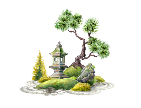 watercolor japanese garden with stone lantern and tree clip art preview
