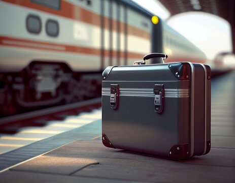 Suitcase at railway station, generative ai