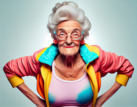 Older fit lady in colorful blouse, generative ai