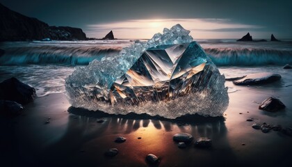 Crystal cube laying on the beach , Generative AI