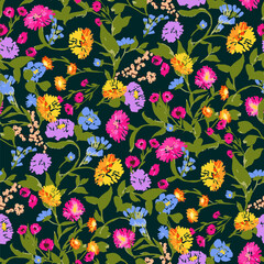 Night feminine seamless pattern with hand drawn paint wildflowers on dark background