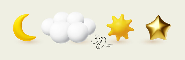 3D weather icon set. Crescent moon, cloud, sun and star.