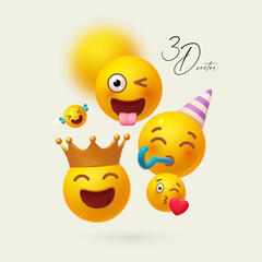 Joy, happy and fun. Yellow balls with faces. Emotion expression . Holiday, singing, joy, fun, party, laughter, music, concert, birthday, win and special offer.