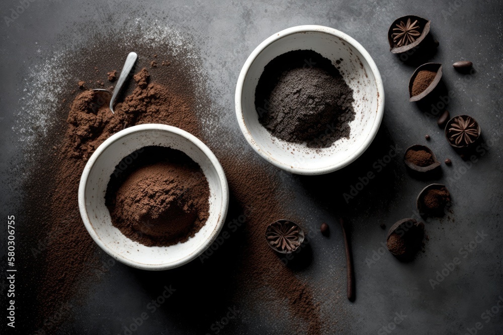 Sticker Coffee grounds in white bowls on a grey concrete background, viewed from above. Generative AI